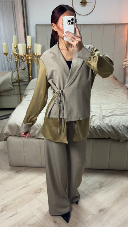 Wrap Cardigan Tie  Blouse Set