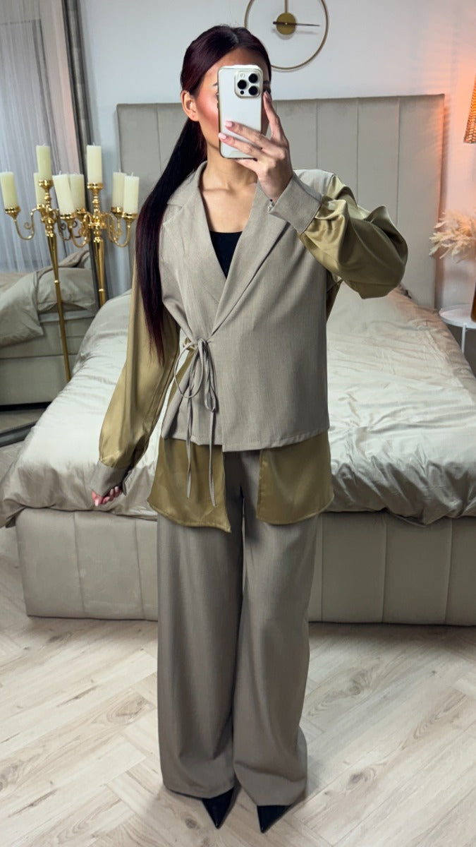 Wrap Cardigan Tie  Blouse Set